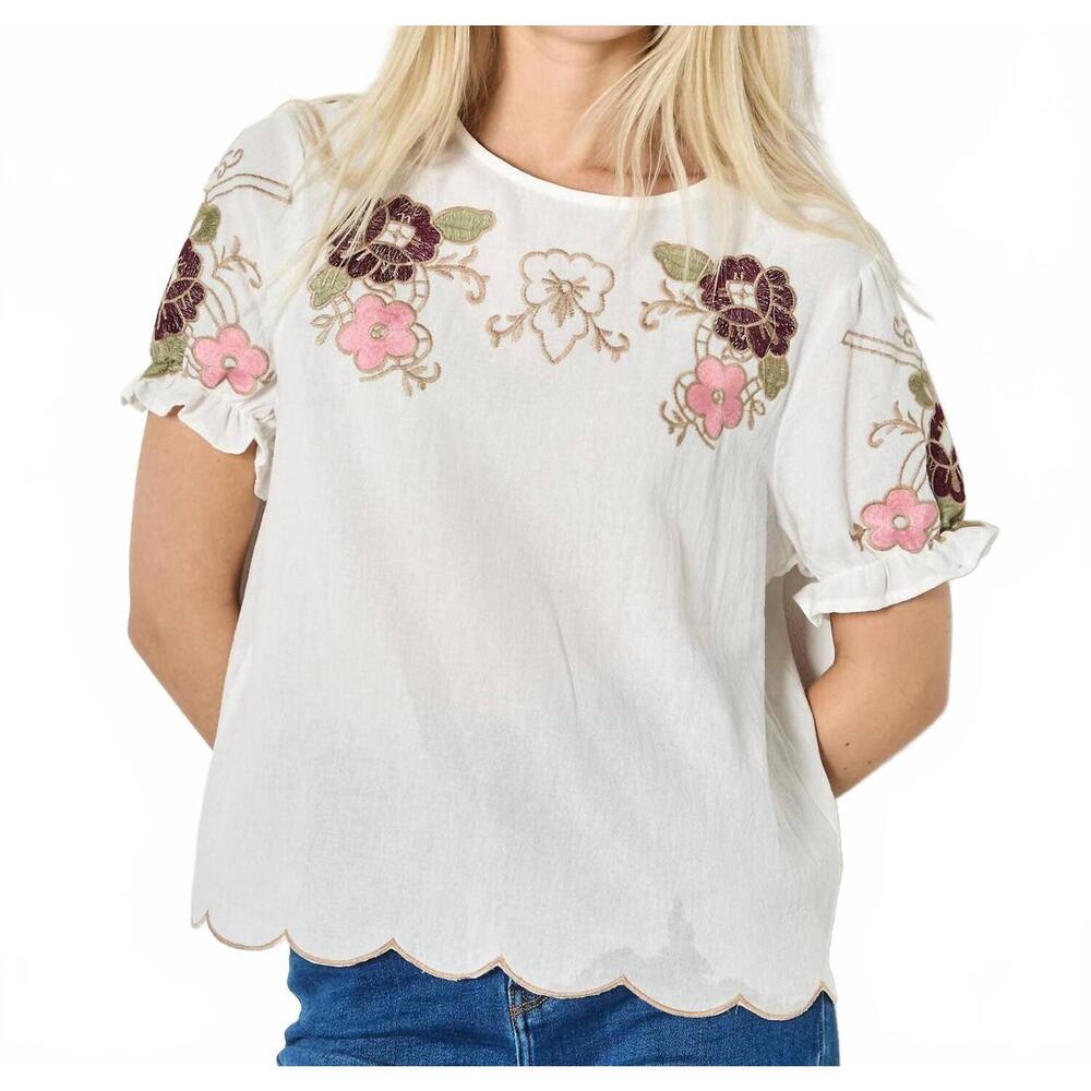 NEW APRICOT floral embroidered ruffle sleeve top in white